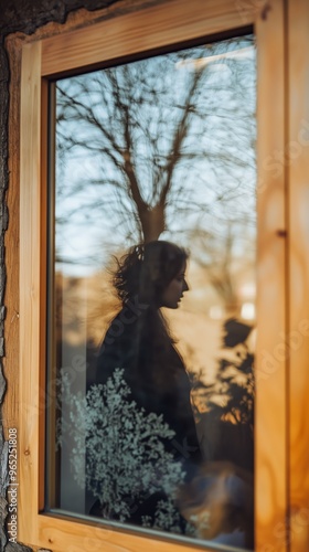 Silhouette of person reflected in window with tree branches in the background, creating a serene and introspective mood. photo