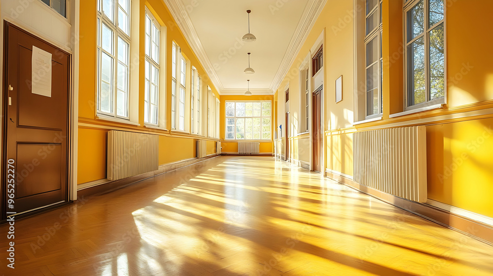 Sunlight Streaming Through Windows in a Long Yellow Hallway Sunlight Streaming Through Windows in a Long Yellow Hallway