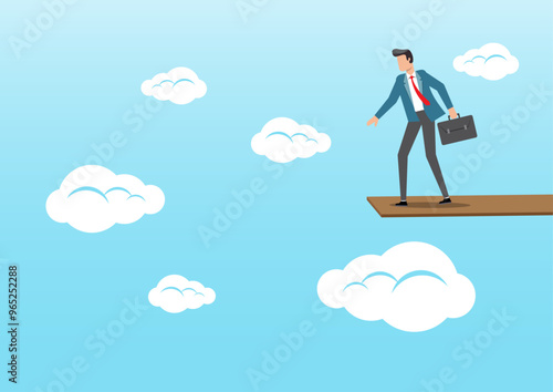 businessman standing on high jumping wood in the sky