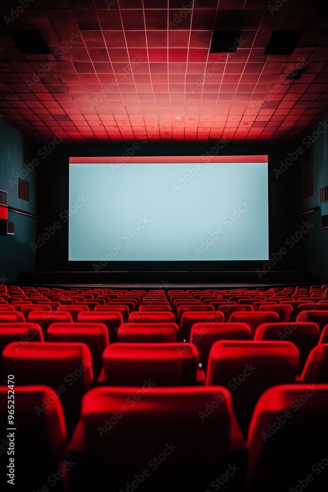 Dimly lit empty theater featuring a large blank screen and rows of red seats, ready for a movie to start. Dimly lit empty theater featuring a large blank screen and rows of red seats, ready for a movie to start.