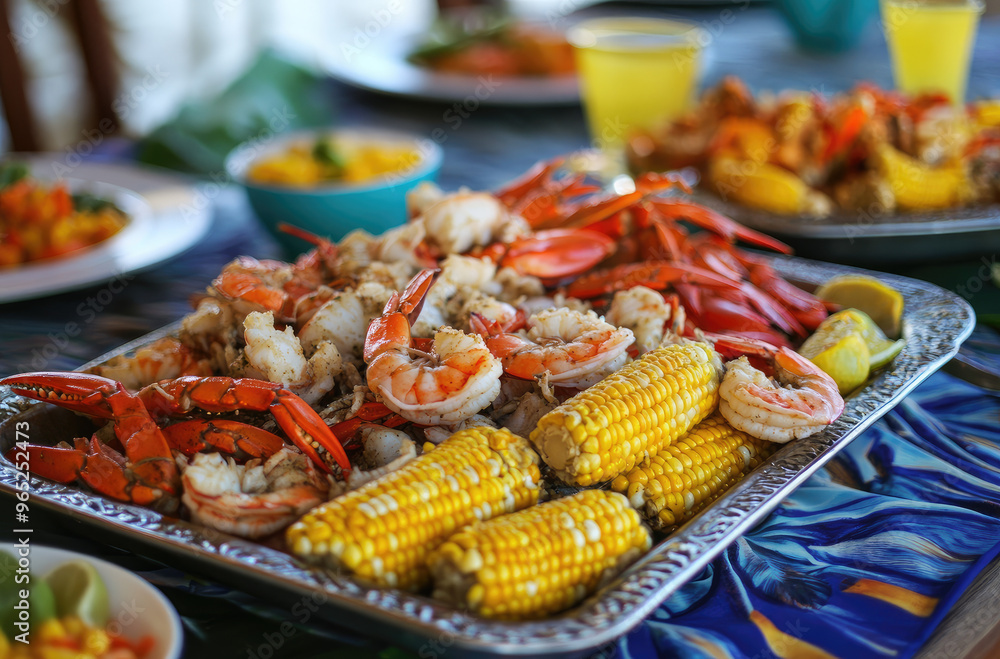Caribbean seafood boil with shrimp, crab legs, potatoes, and spicy seasoning Caribbean seafood boil with shrimp, crab legs, potatoes, and spicy seasoning