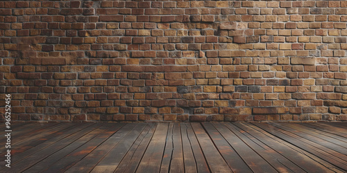 Rustic Brown Brick Wall Backdrop with Wooden Floor for Urban Street Style.	
