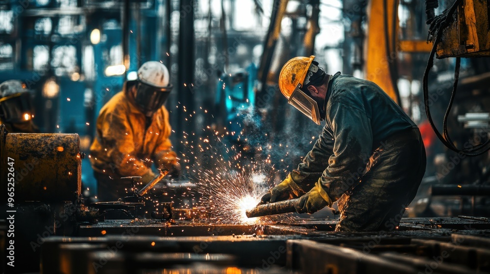 Oil workers wearing protective gear operating heavy machinery in an industrial setting, showcasing teamwork and safety measures in the oil industry Oil workers wearing protective gear operating heavy machinery in an industrial setting, showcasing teamwork and safety measures in the oil industry