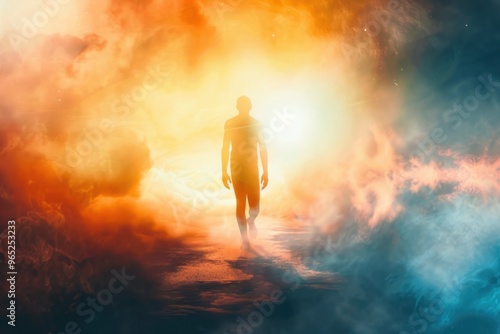 Silhouette of human astral human body concept image for near death experience, spirituality, and meditation photo