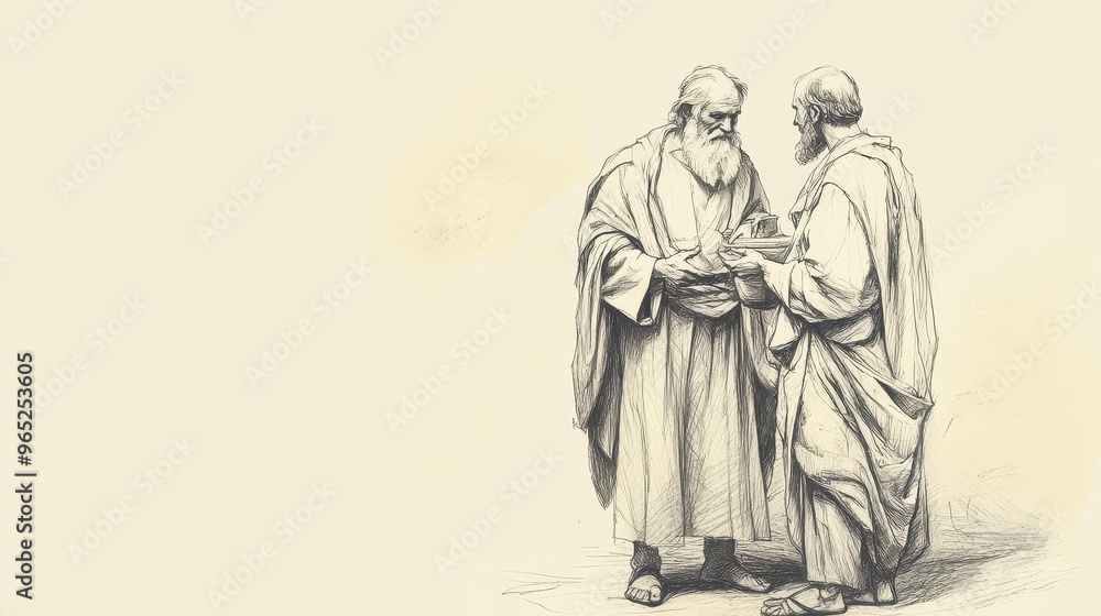 Fototapeta premium Exodus:Laws About Servants,Exodus: Master Ensures Dignified Departure, Providing Provisions for Released Servant - Biblical Illustration, Bible Wall Art, Beige Background - Laws About Servants