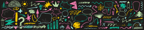 Hand drawn arrow and bubble scribble crayon set. Squiggle, scratch doodle kid arrow star set. Crayon scratch texture shape children kid naive. Vector illustration