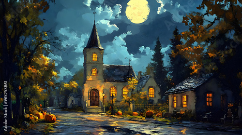 Autumn Night Church Village Moonlit Landscape Painting