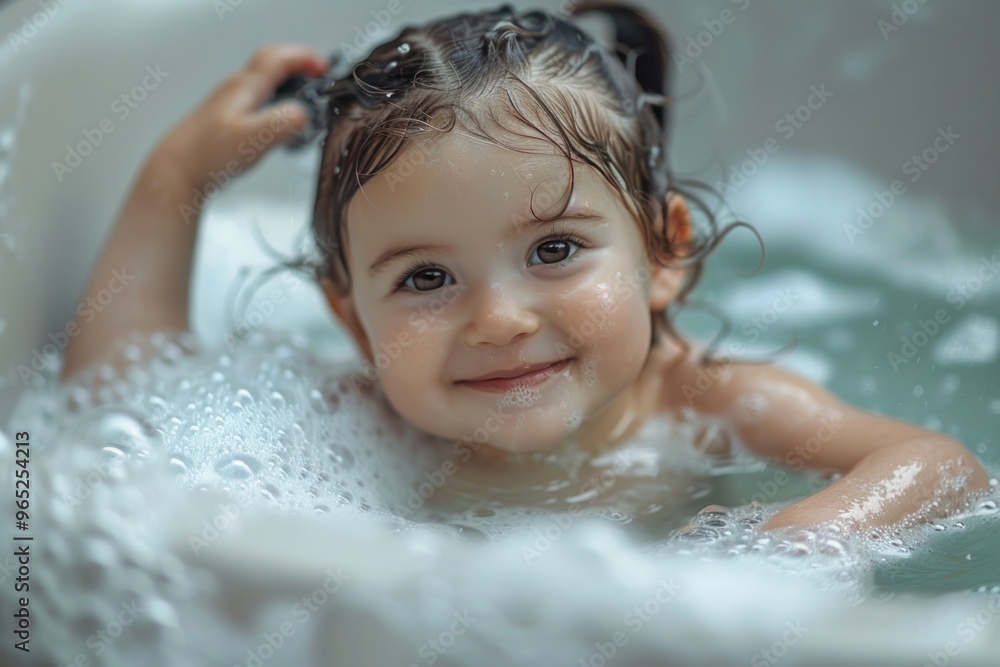 Smiling baby girl bathes in bathtub with foam Smiling baby girl bathes in bathtub with foam