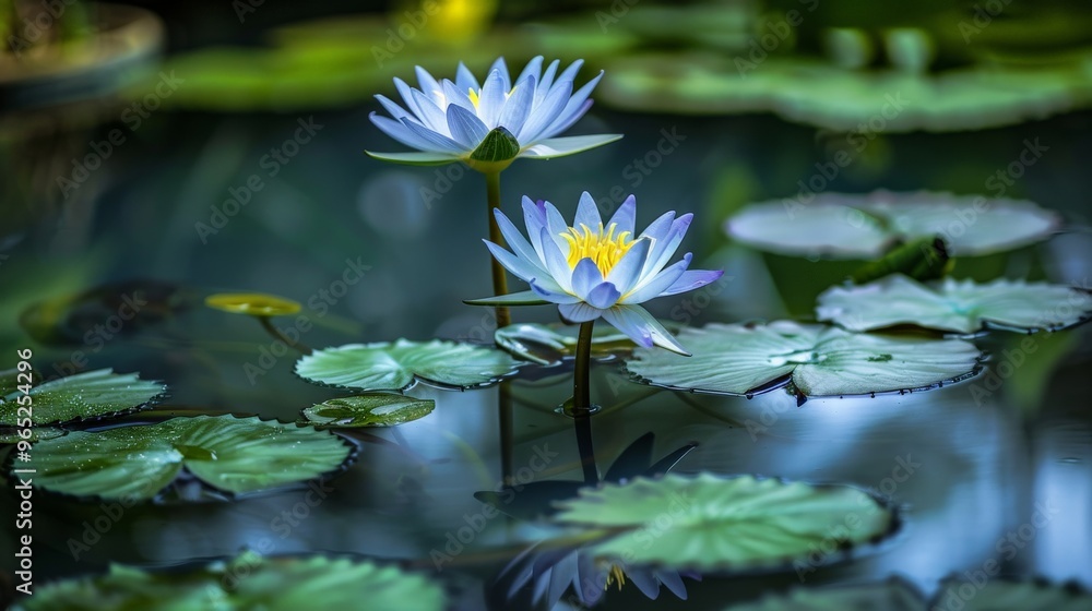 A serene pond with water lilies and soft reflections A serene pond with water lilies and soft reflections