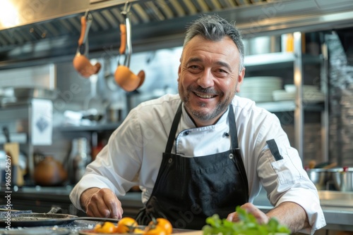 Smiling chef in his kitchen, Famous chef of a big restaurant smiles in a modern kitchen