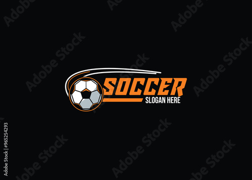 Vector logo for Soccer, illustration of soccer ball flying on dark background. 
