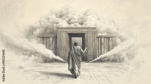 Exodus:The Tabernacle Erected and the Glory of the Lord, Cloud of Glory Enveloping Tabernacle Entrance as Moses Enters - Biblical Art on Beige Background photo