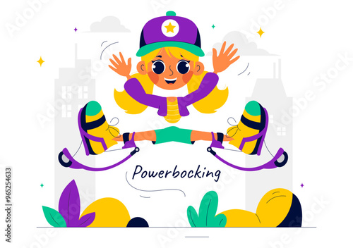 Vector Illustration of Powerbocking Sport featuring Athletes Wearing Jumping Stilts, Running, and Performing Various Acrobatic Stunts in a Background