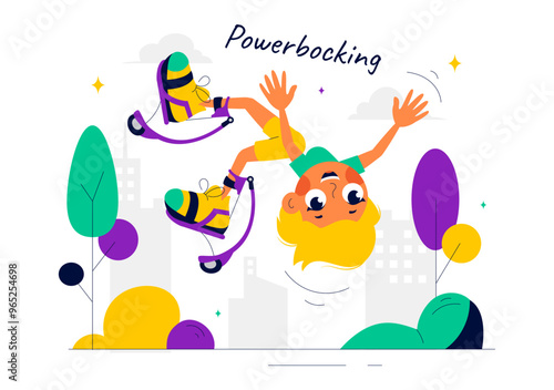 Vector Illustration of Powerbocking Sport featuring Athletes Wearing Jumping Stilts, Running, and Performing Various Acrobatic Stunts in a Background
