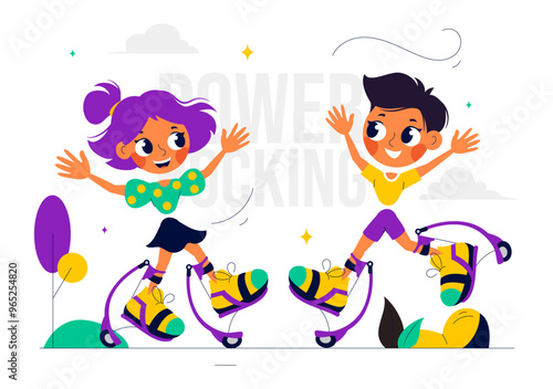 Vector Illustration of Powerbocking Sport featuring Athletes Wearing Jumping Stilts, Running, and Performing Various Acrobatic Stunts in a Background