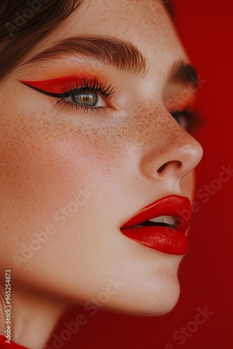 Close-up image featuring a woman's face with striking red and black makeup against a vibrant red background. photo