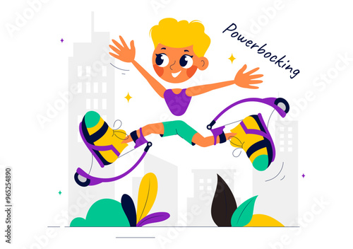 Vector Illustration of Powerbocking Sport featuring Athletes Wearing Jumping Stilts, Running, and Performing Various Acrobatic Stunts in a Background