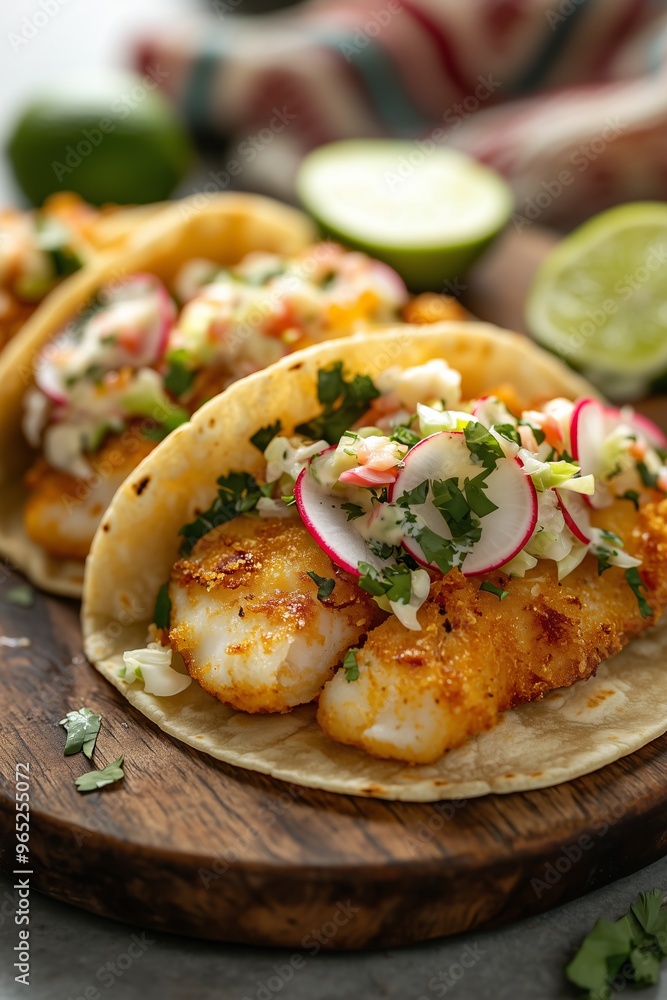 Crispy fish tacos garnished with radishes, cilantro, and cabbage slaw, served on a rustic wooden board with limes. Crispy fish tacos garnished with radishes, cilantro, and cabbage slaw, served on a rustic wooden board with limes.