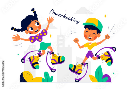 Vector Illustration of Powerbocking Sport featuring Athletes Wearing Jumping Stilts, Running, and Performing Various Acrobatic Stunts in a Background