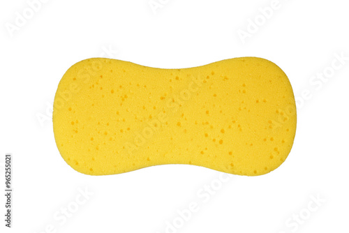 Top view macro photography of yellow washing sponge isolated on total white background