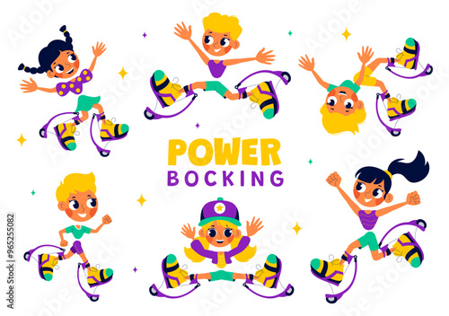 Vector Illustration of Powerbocking Sport featuring Athletes Wearing Jumping Stilts, Running, and Performing Various Acrobatic Stunts in a Background
