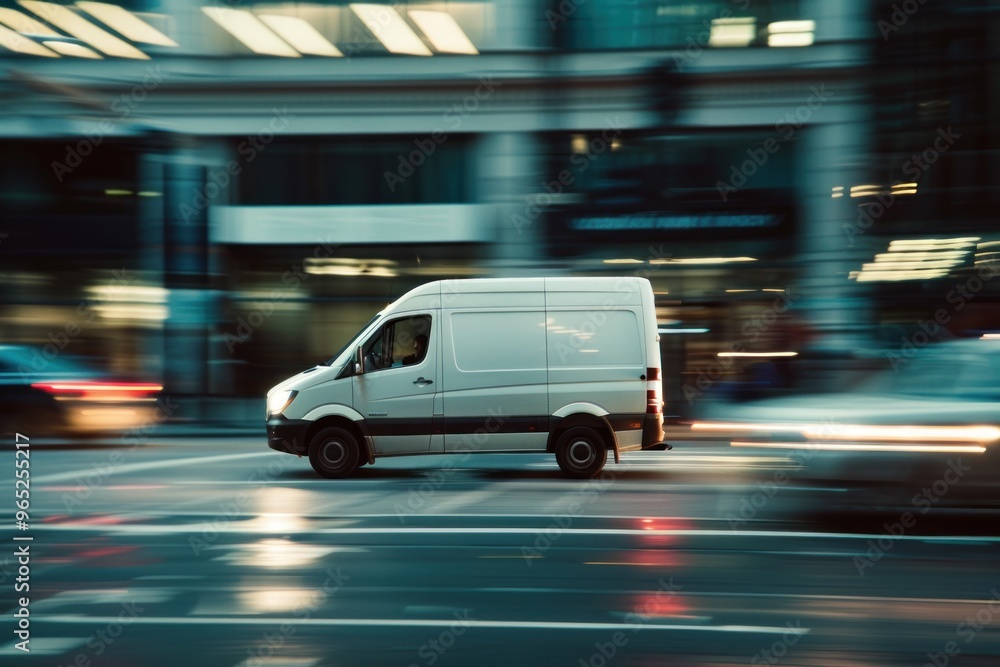 Speedy Deliveries: Van on the Move in City night glowing Streets, Efficient Express Distribution Speedy Deliveries: Van on the Move in City night glowing Streets, Efficient Express Distribution