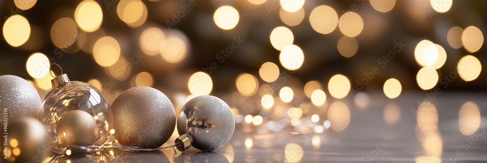 Festive Christmas ornaments lie on a table with bokeh lights in the background, creating a warm holiday feel. Festive Christmas ornaments lie on a table with bokeh lights in the background, creating a warm holiday feel.