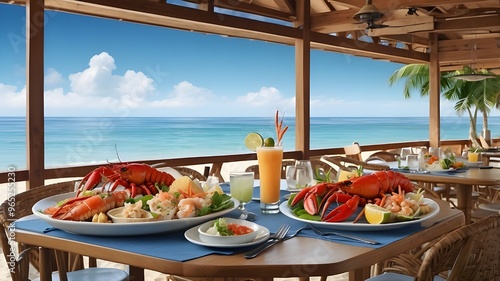  A waterfront table set with grilled seafood platters and colorful cocktails, waves gently crashing in the distance under a twilight sky --ar 3:2 --v 4 photo