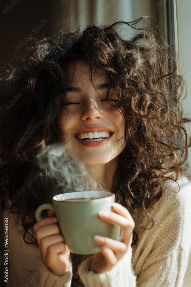 custom made wallpaper toronto digitalA woman with curly hair beams joyfully while sipping a steaming cup of coffee, capturing a perfect moment of bliss.