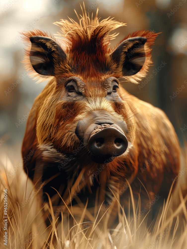 Fototapeta premium Detailed close up of Warthog, Phacochoerus, in its natural grassy environment