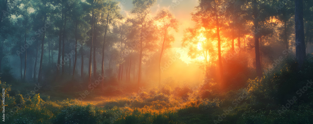 Golden Hour Forest Illustration - Sunbeams, Mist, and Lush Greenery Golden Hour Forest Illustration - Sunbeams, Mist, and Lush Greenery
