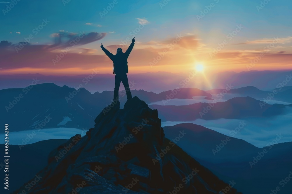 Success Business Leadership Winner on top Success Silhouette man at peak of mountains Panoramic view on mountains Success Business Leadership Winner on top Success Silhouette man at peak of mountains Panoramic view on mountains