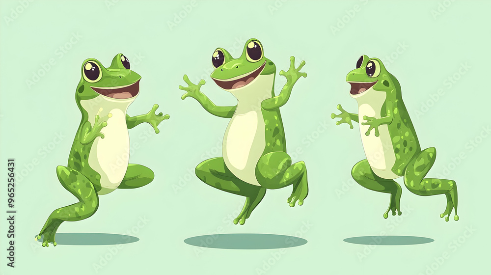 Three Happy Cartoon Frogs Jumping Three Happy Cartoon Frogs Jumping