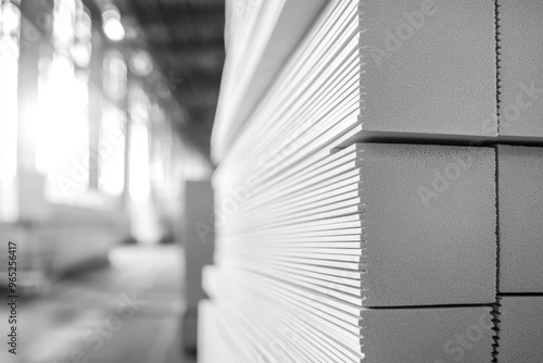Stacked white foam boards in industrial warehouse setting