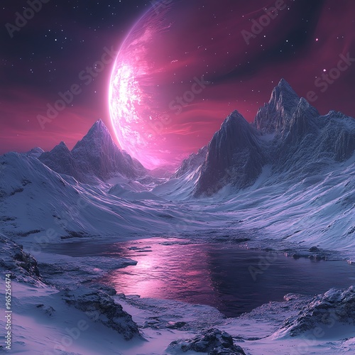 Auroracovered ice planet with sharp peaks and deep valleys, planets, cosmic polar regions photo