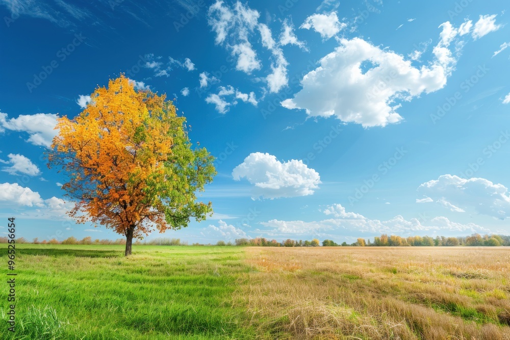summer and autumn landscape with blue sky. Concept of change season summer and autumn landscape with blue sky. Concept of change season