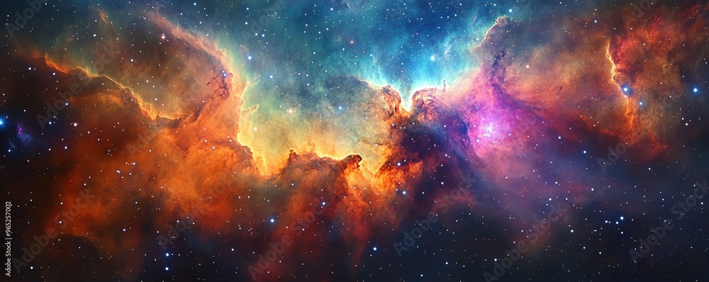 Expansive view of a nebula with vibrant colors and distant stars, space, cosmic vastness Expansive view of a nebula with vibrant colors and distant stars, space, cosmic vastness