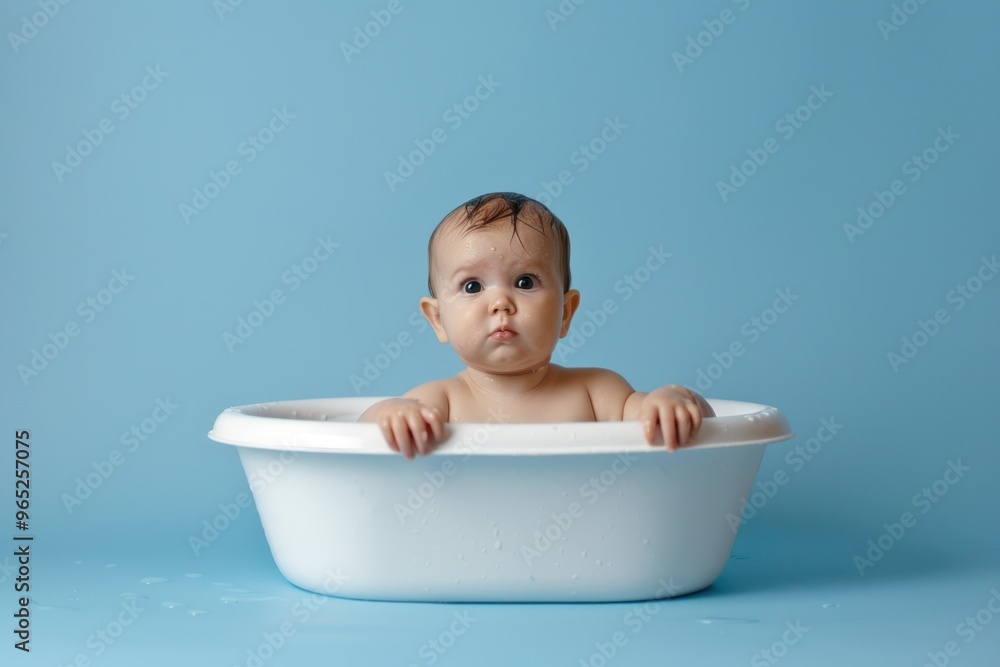 The baby is bathing in the bath Isolated on blue background The baby is bathing in the bath Isolated on blue background