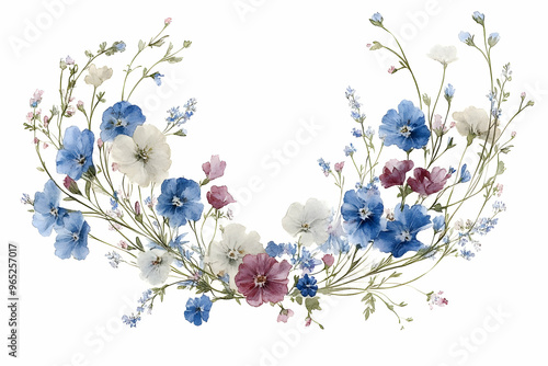 Watercolor Floral Wreath with Blue Pink and White Flowers
