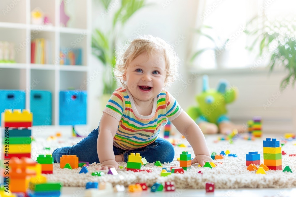 Fototapeta premium The little child plays with colorful blocks in bright kid room