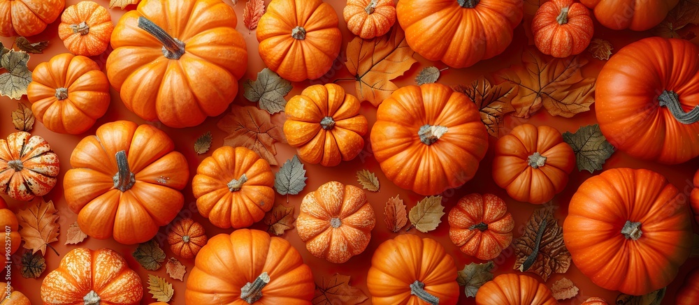 A bunch of yellow orange pumpkins. Fall season and harvest time background. Halloween Thanksgiving concept A bunch of yellow orange pumpkins. Fall season and harvest time background. Halloween Thanksgiving concept
