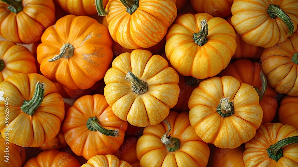 A bunch of orange pumpkins with green stems A bunch of orange pumpkins with green stems