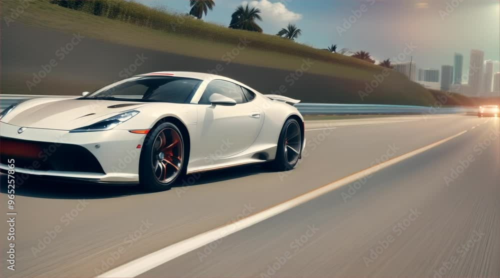 Sports car driving on asphalt road in beautiful city background. 3d rendering and illustration Sports car driving on asphalt road in beautiful city background. 3d rendering and illustration