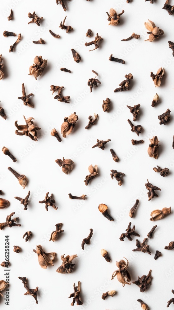 scattered dried cloves on white background, culinary ingredient pattern. spice and texture concept scattered dried cloves on white background, culinary ingredient pattern. spice and texture concept