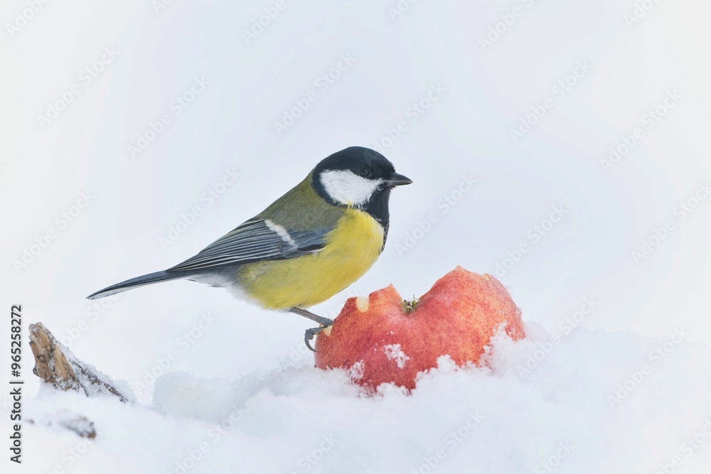 Fototapeta premium A titmouse sits on a apple in winter and eats. Parus major