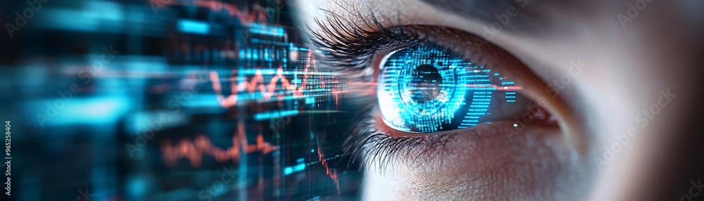Close-up of a futuristic eye with digital overlay, representing technology, vision, and advancement in the digital age. Close-up of a futuristic eye with digital overlay, representing technology, vision, and advancement in the digital age.