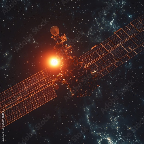 Solar panel arrays on a spacecraft orbiting a distant star, absorbing energy, orbit, spacebased solar power photo