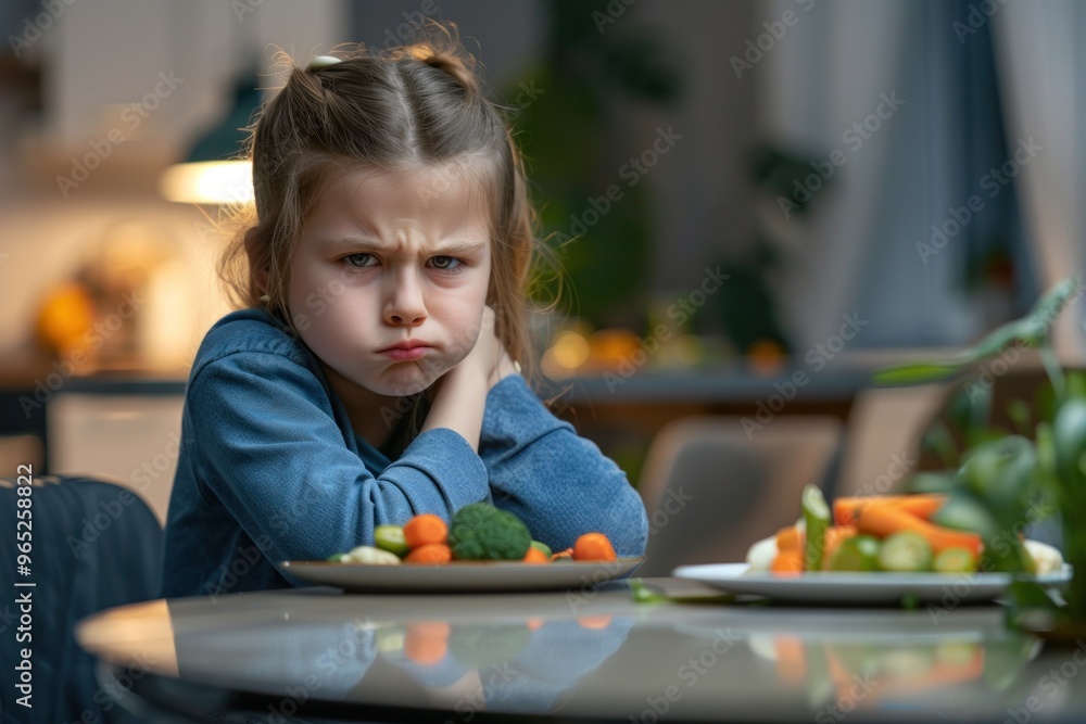 Unhappy young girl frowning at plate of vegetables, sitting at table in modern room Unhappy young girl frowning at plate of vegetables, sitting at table in modern room