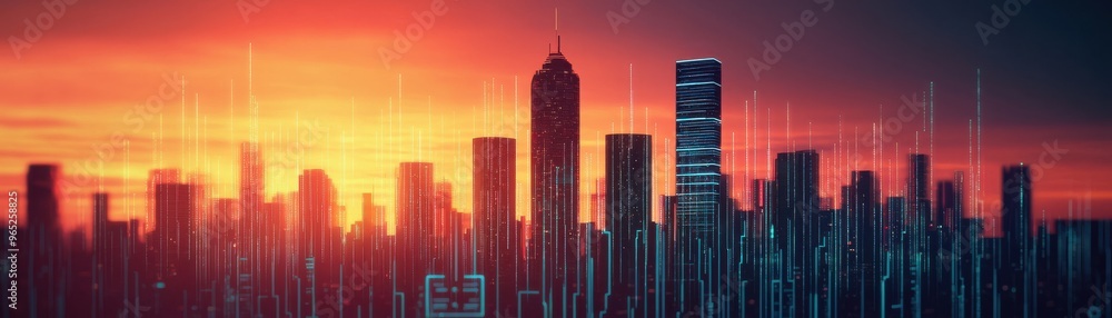 A stunning city skyline at sunset, showcasing silhouettes of skyscrapers against a vibrant orange and blue sky. A stunning city skyline at sunset, showcasing silhouettes of skyscrapers against a vibrant orange and blue sky.