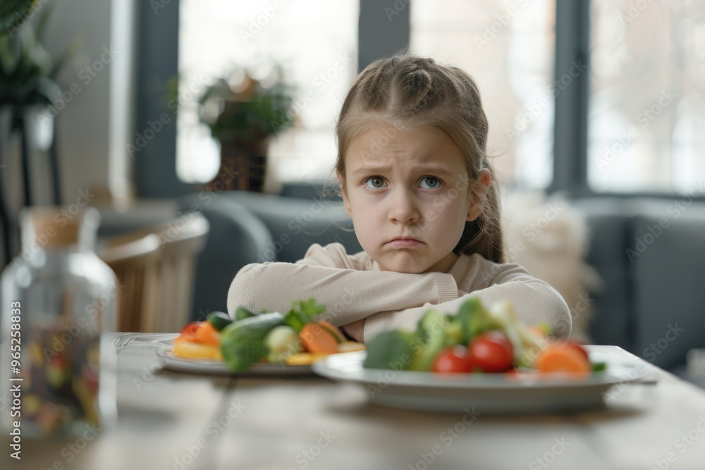 Unhappy young girl frowning at plate of vegetables, sitting at table in modern room Unhappy young girl frowning at plate of vegetables, sitting at table in modern room